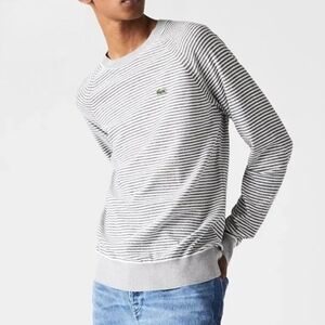 Lacoste Grey Stripe Crew Neck Cotton Jumper Sweater Lightweight Men's Size SMALL